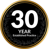 A black and gold emblem celebrating 30 years of established practice. Contains the number 30, text 