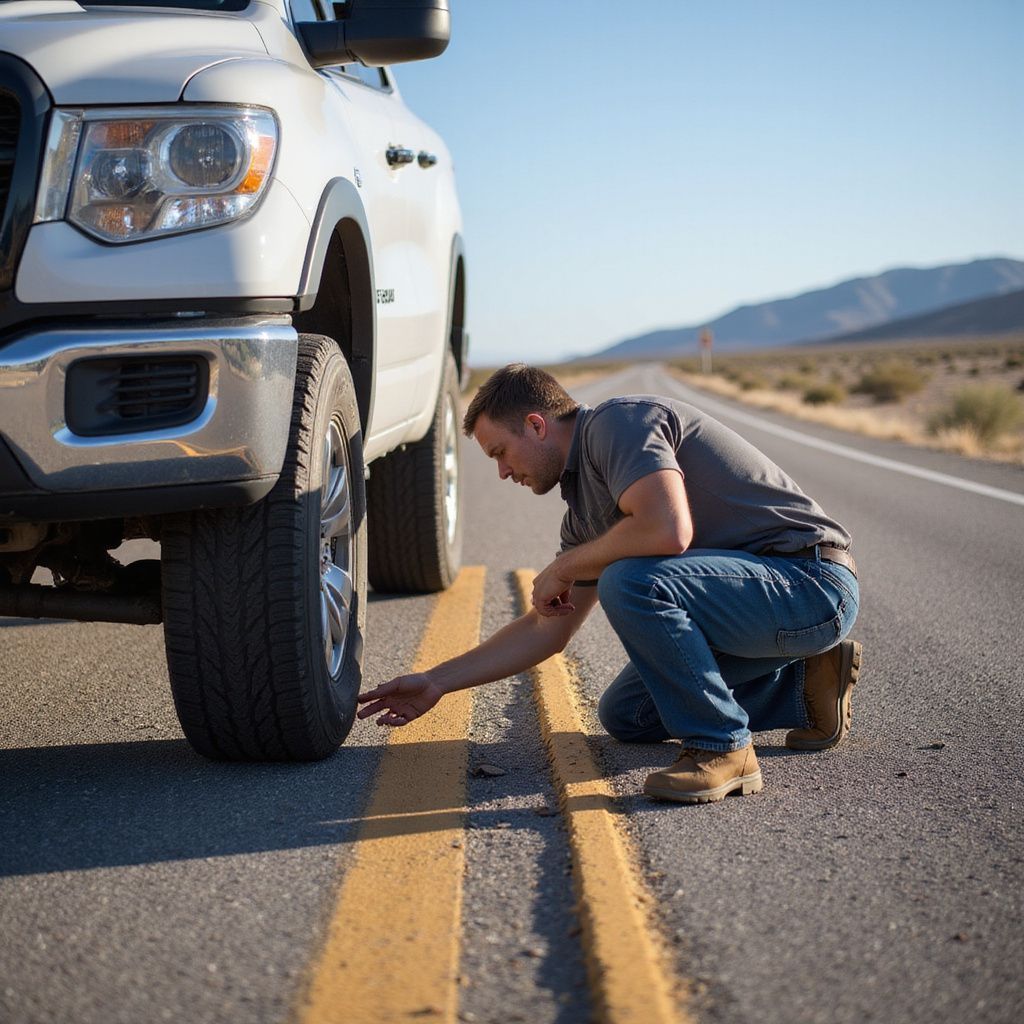 Man checks a truck's tire on the side of a highway. Sunny day, white truck.