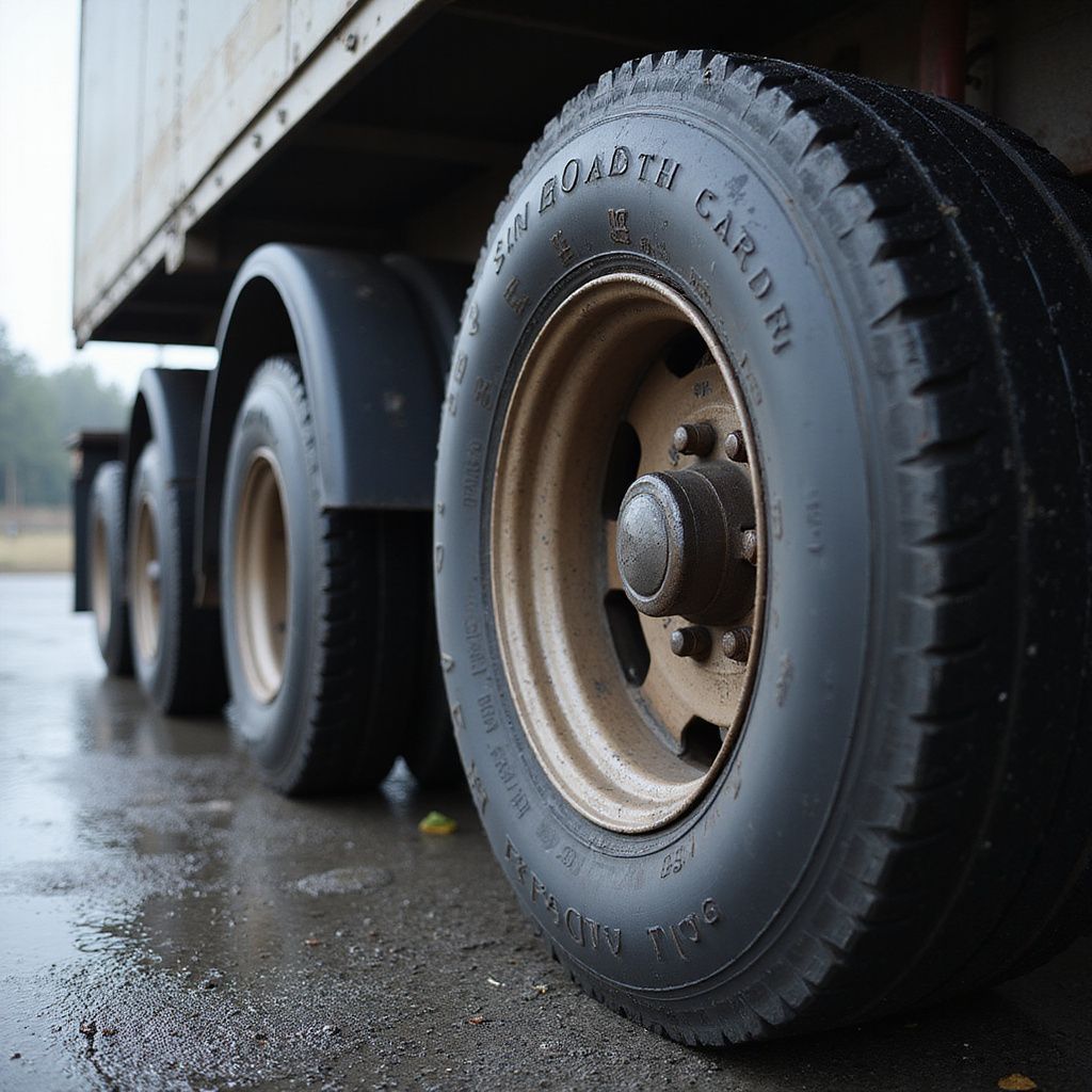 Close-up of a semi-truck's tires on a wet, paved surface.