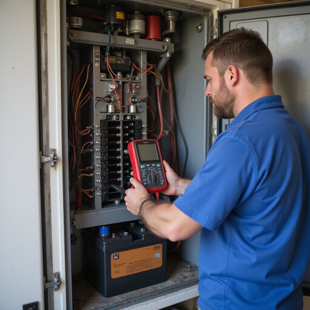 Electrician in blue shirt using a multimeter on electrical panel. Outdoors, metal cabinet, battery present.