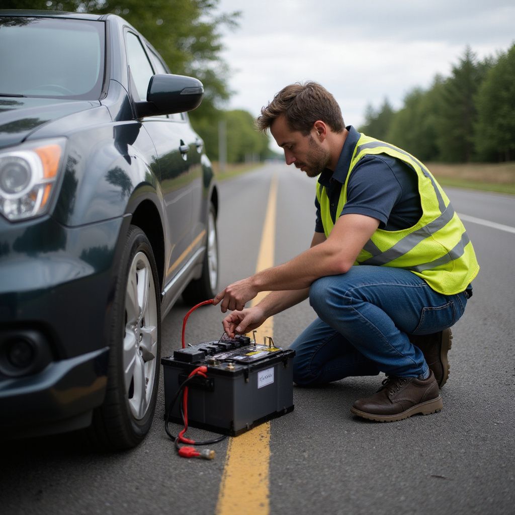 Man connecting jumper cables to a car battery on the side of a road, wearing a reflective vest.
