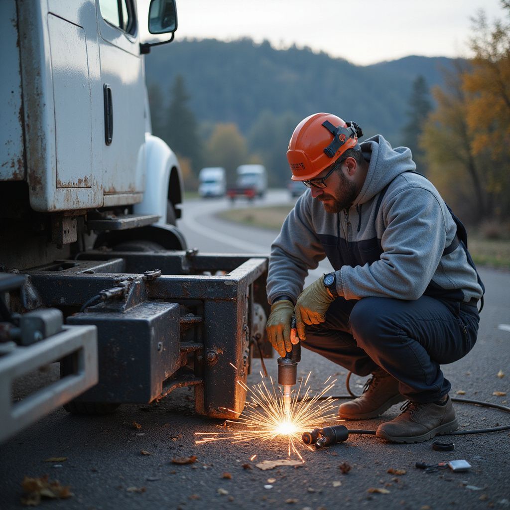 Worker welds truck on roadside, wearing a safety helmet and gloves, sparks flying.