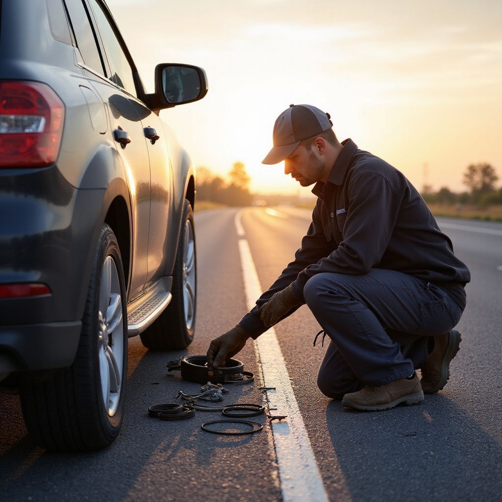Man kneeling by a car on the side of a road, working on a flat tire.