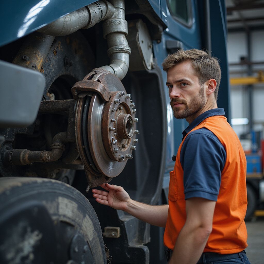 Mechanic in orange vest inspecting truck brake in a workshop.