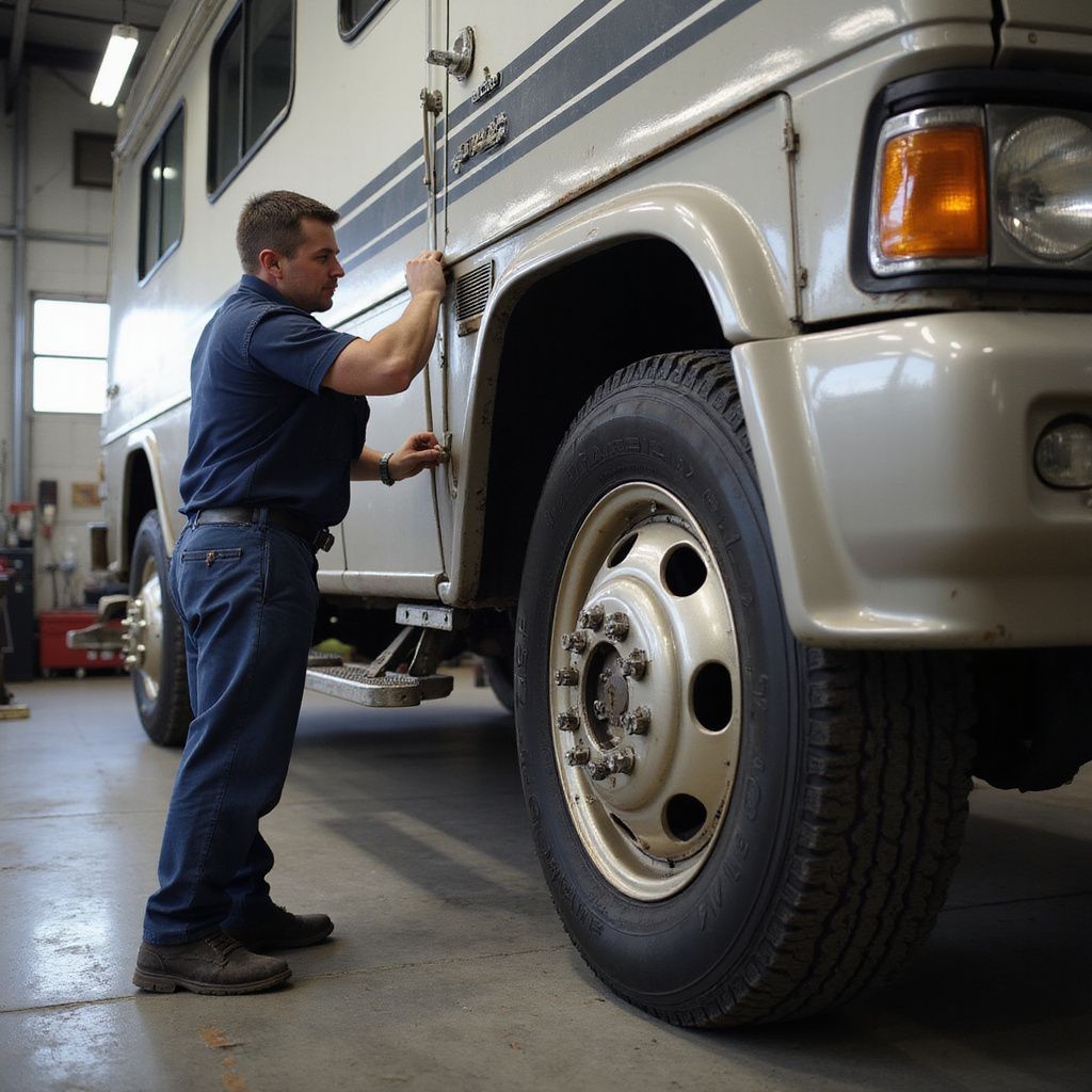 Mechanic checking the door on a beige RV in a shop.