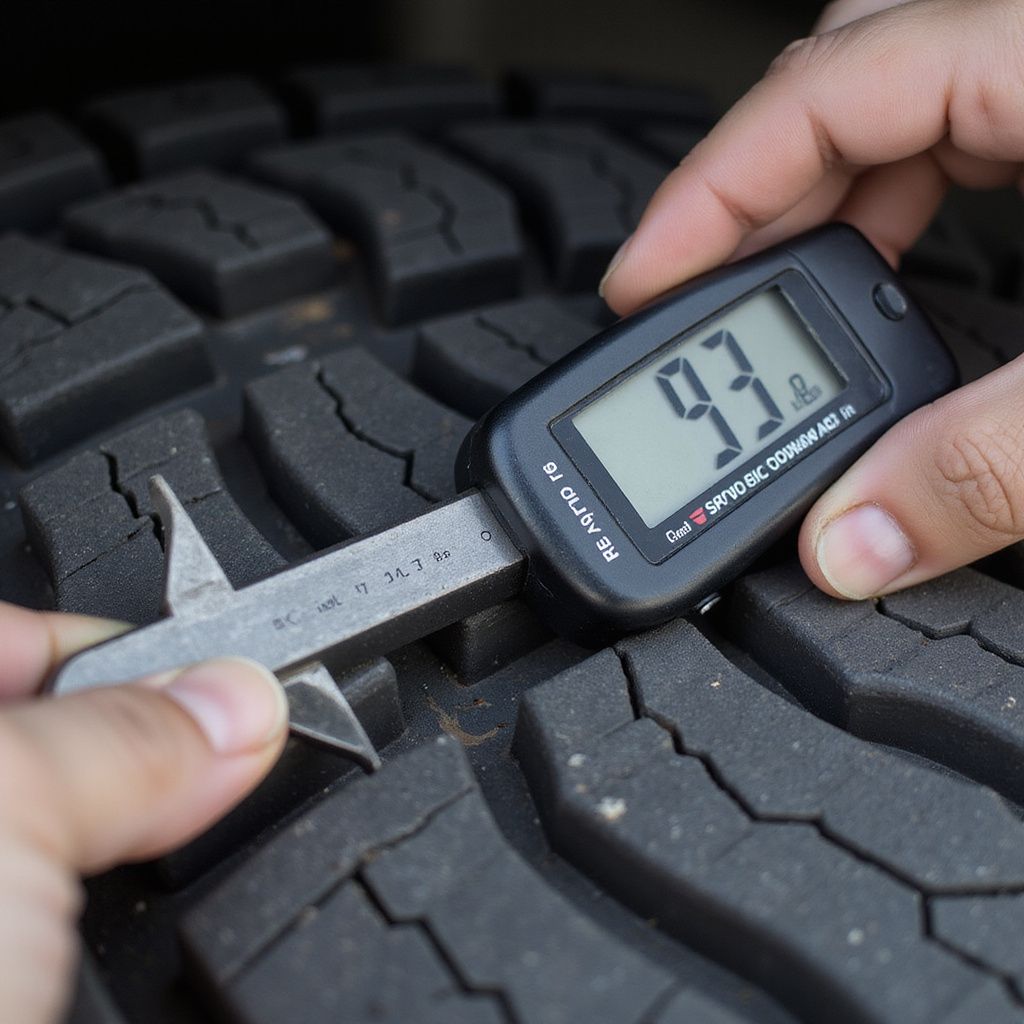 Hands using a digital tire tread depth gauge on a black tire, displaying a reading of 93.