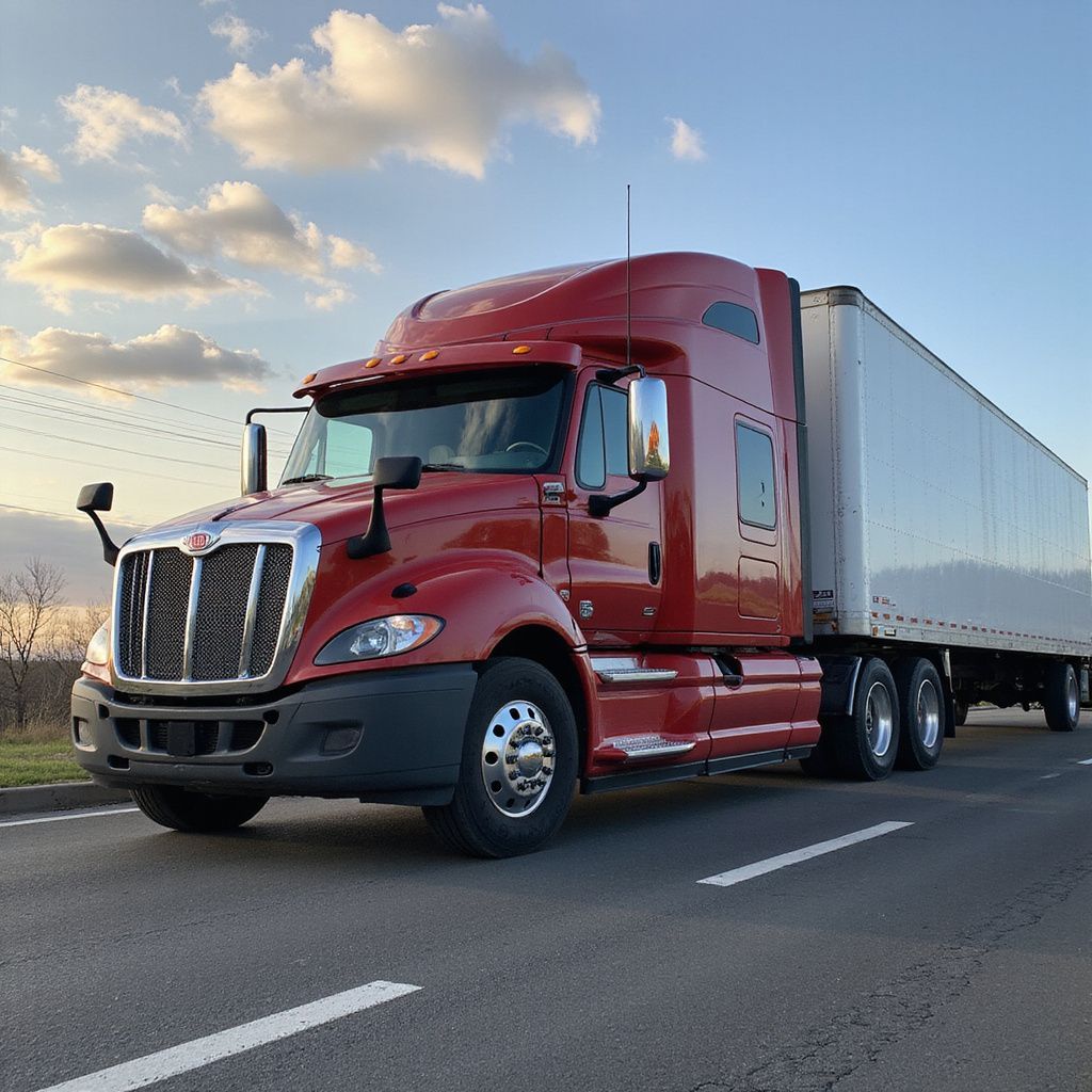 Red semi-truck with white trailer driving on a paved road under a cloudy sky.