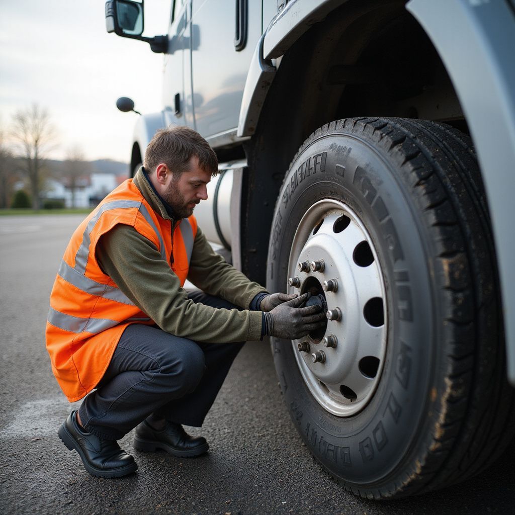 Man in orange vest checks a truck's tire. He crouches on wet pavement next to the wheel.