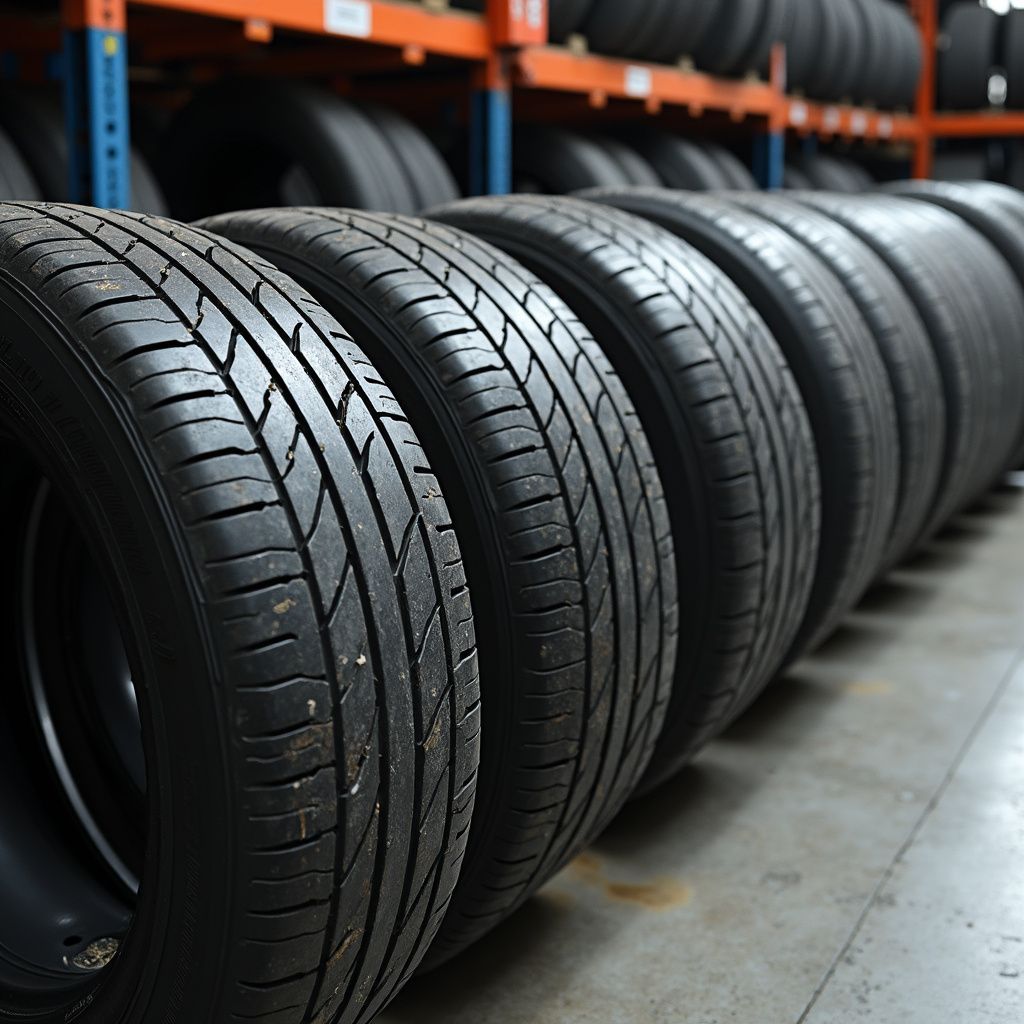 Row of black tires in a warehouse, with more tires on shelves in the background.
