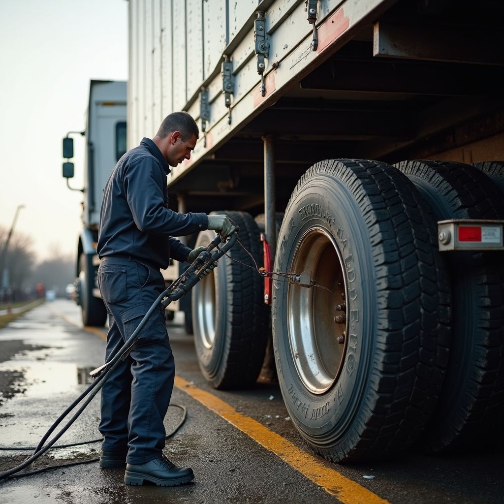 A person in dark work clothes inflates a semi-truck tire on a road.