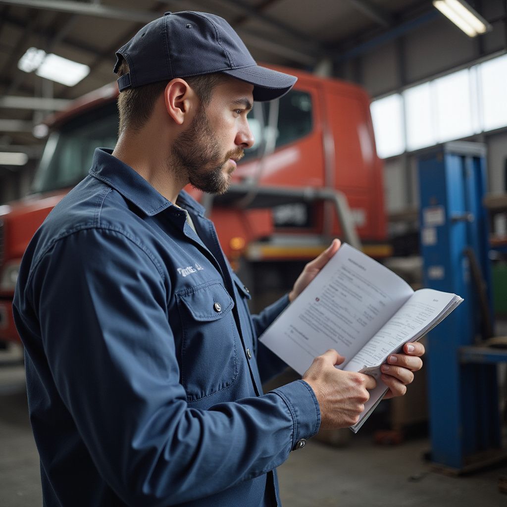 Mechanic in blue uniform and cap reading manual in auto repair shop, truck in background.