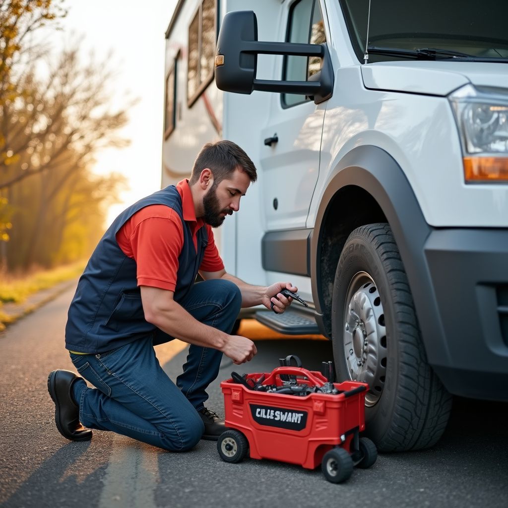Man fixing RV tire on roadside, using tools from a red toolbox.