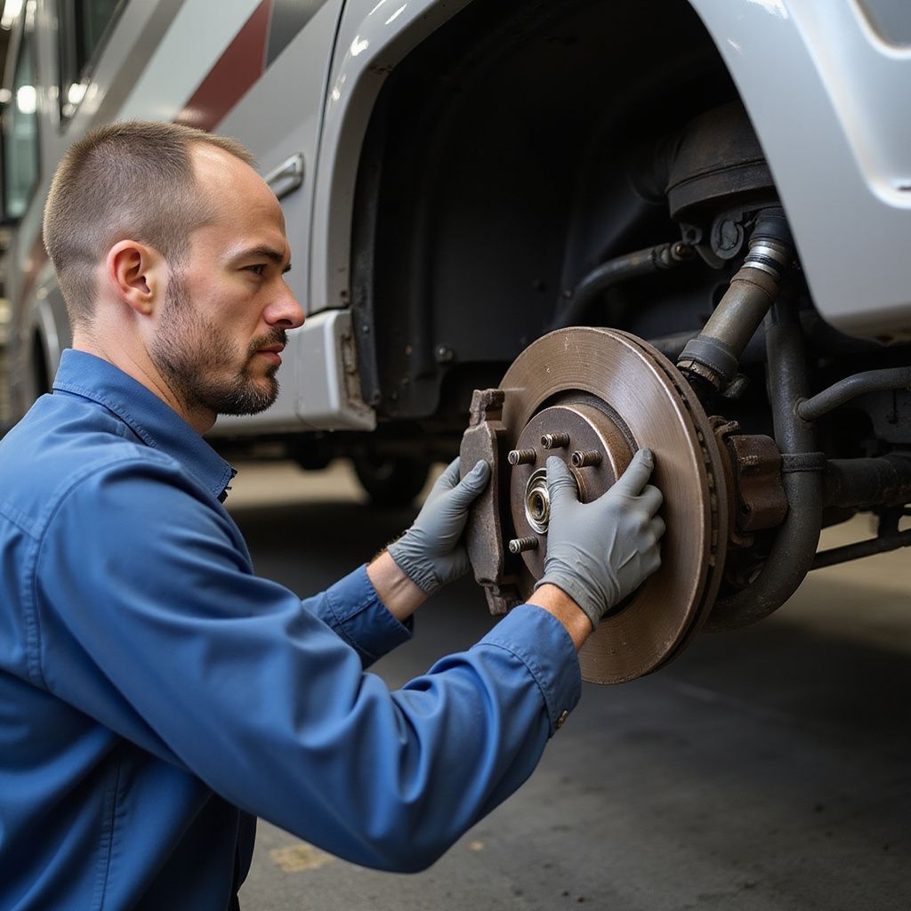 Mechanic in blue uniform, installing brake pads on a vehicle in a garage.