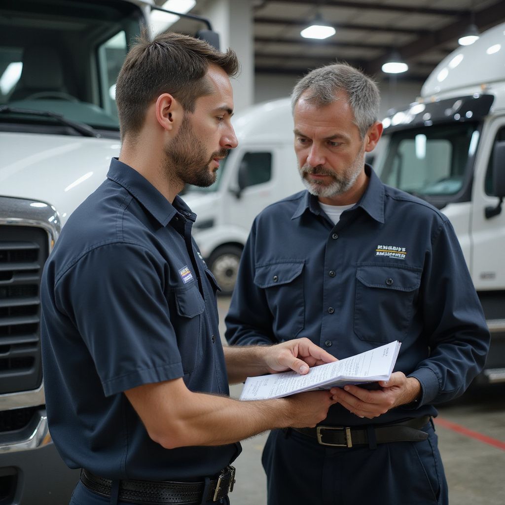 Two men in blue work shirts review paperwork in a truck maintenance facility.