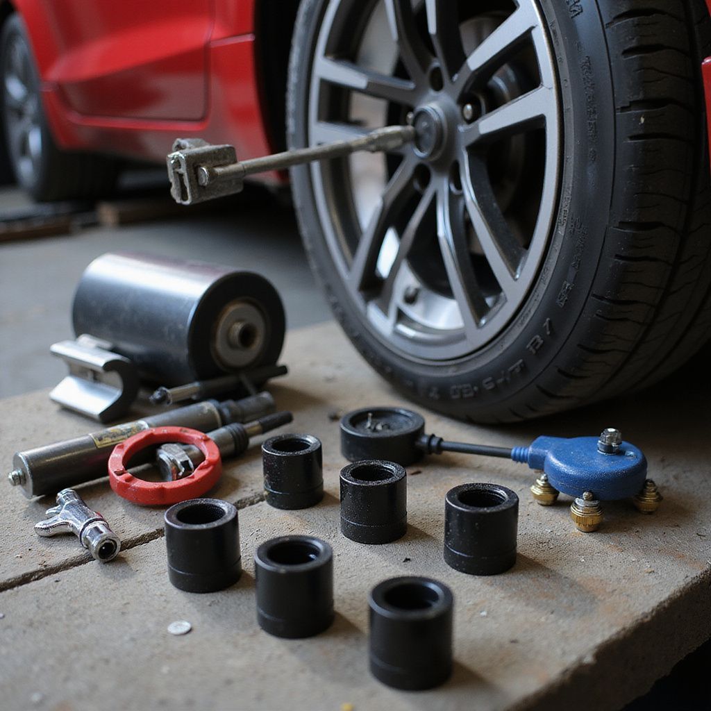 Car tire on jack, tools around it, red car in background.