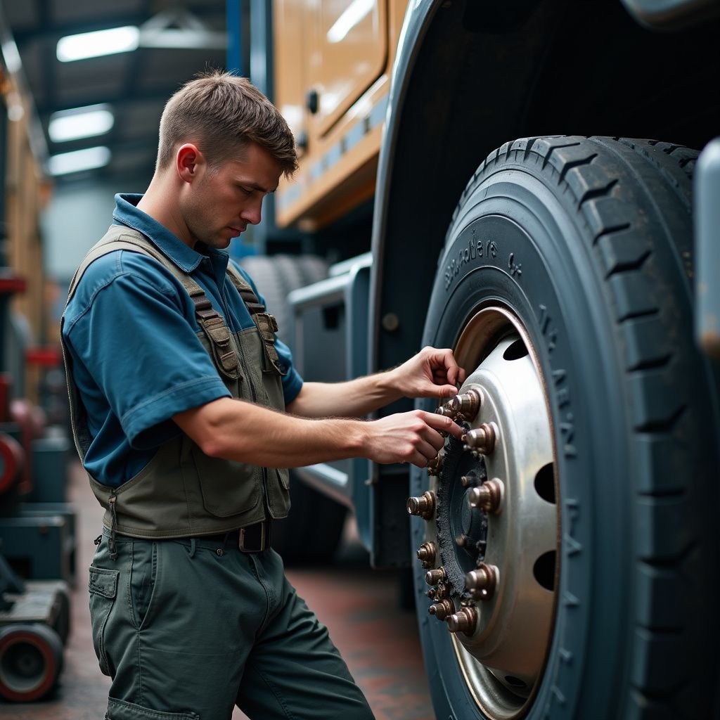 Mechanic working on a truck tire in a garage, tightening lug nuts.