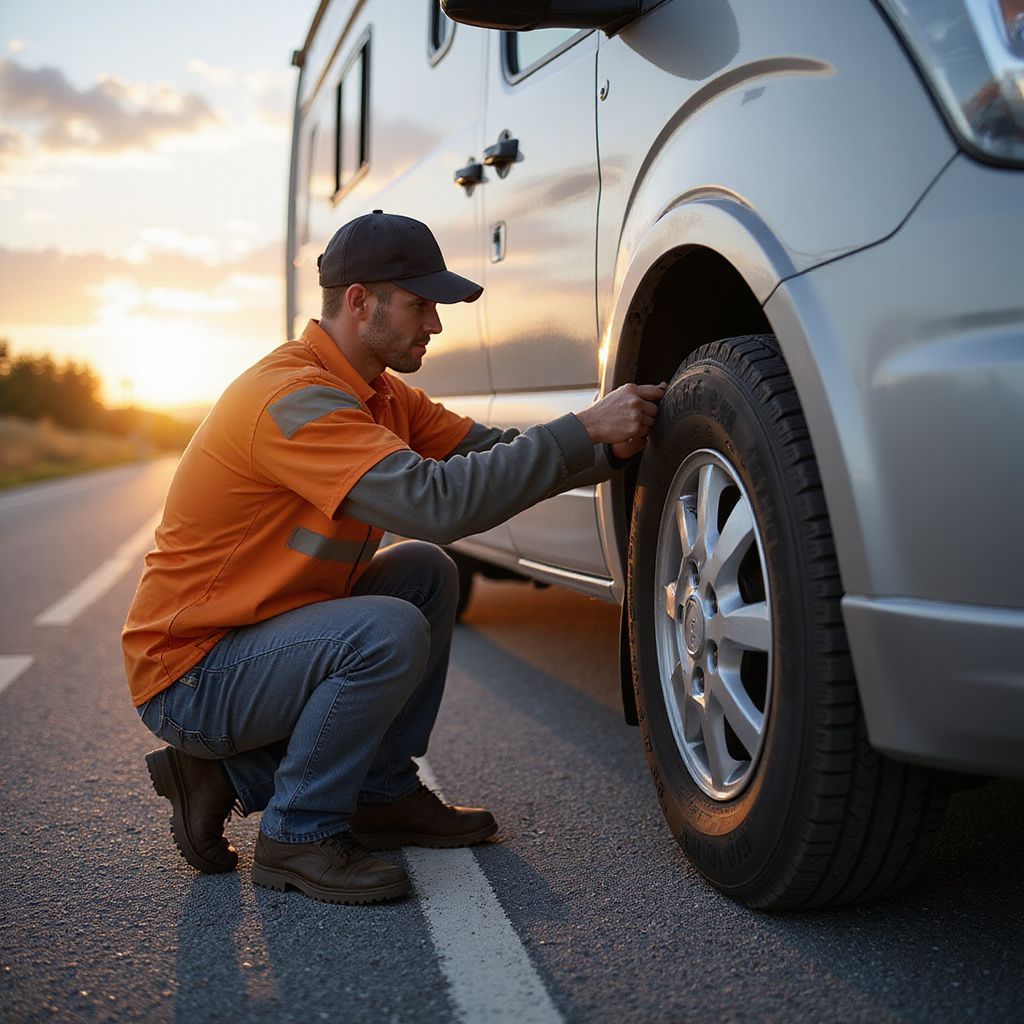 Man in orange shirt checking the tire of a silver RV on a road at sunset.
