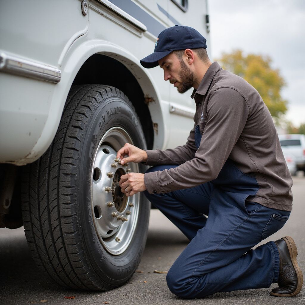 Mechanic kneeling, tightening lug nuts on a tire of a white RV. He wears a cap, long-sleeved shirt, and blue pants. Outdoors.