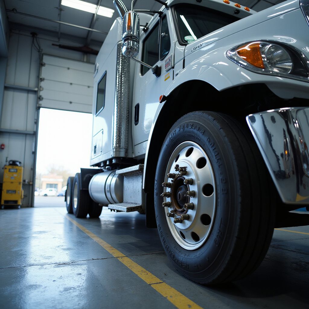 White semi-truck parked inside a garage. Open garage door with daylight. The truck is shiny and new looking.