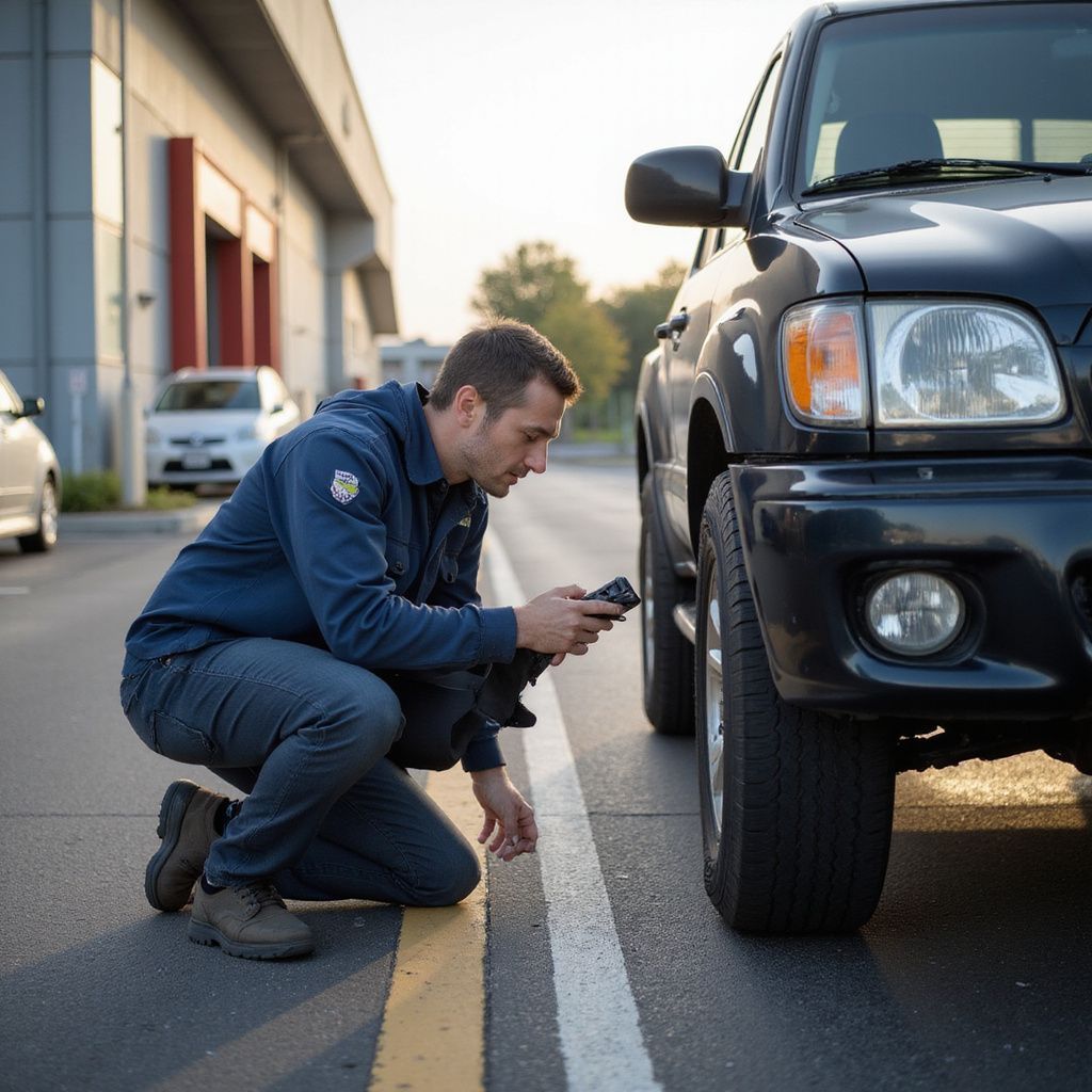 Man in blue jacket crouches by black truck, using a device, likely inspecting a tire on a paved road.
