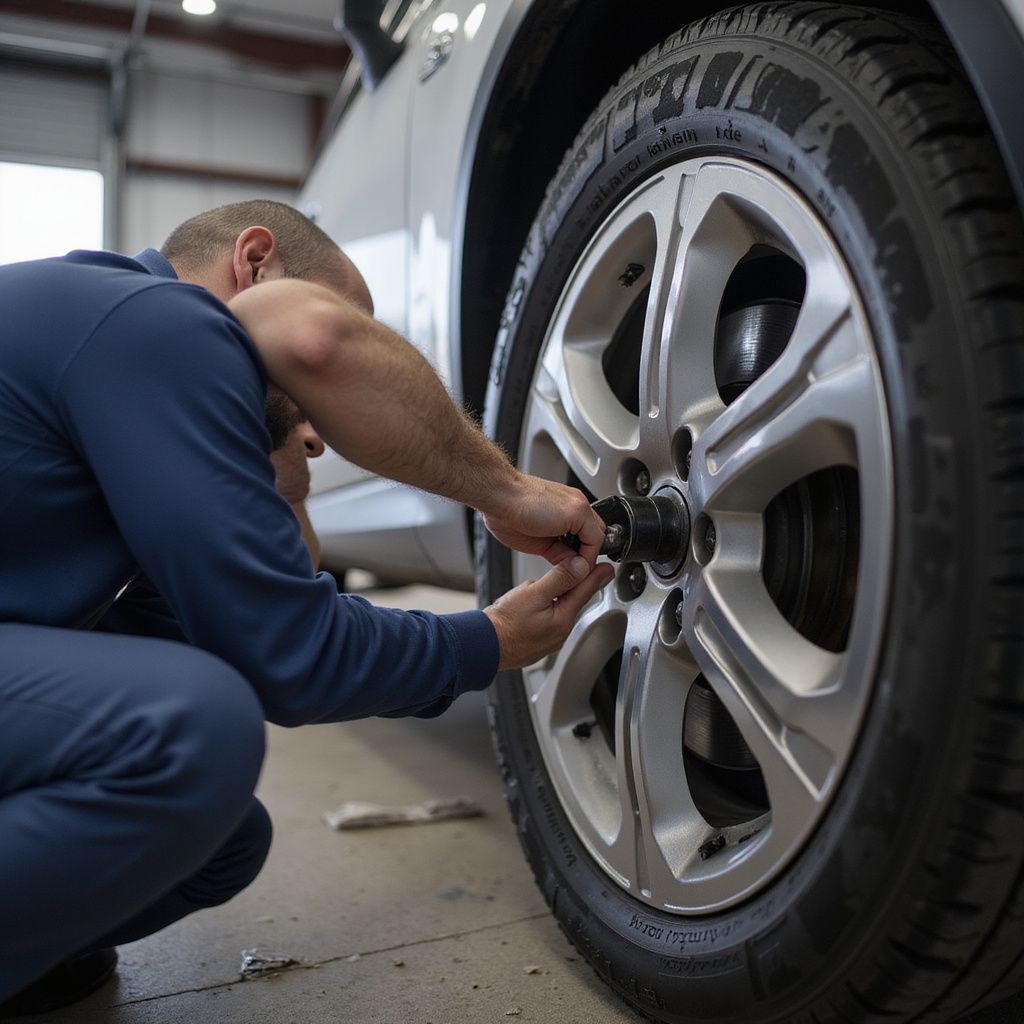 Mechanic crouches, tightening lug nuts on a car's wheel in a garage.