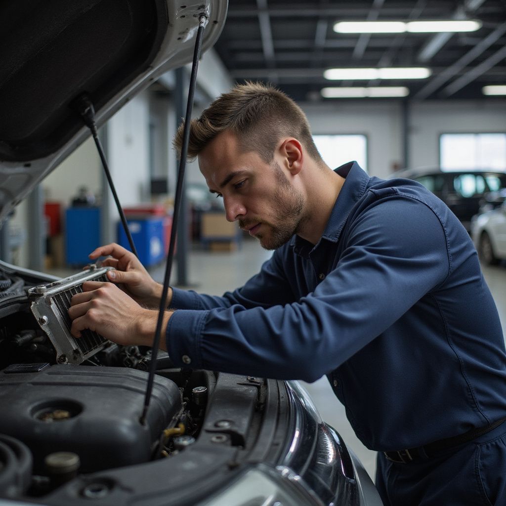 Mechanic in blue uniform, working on car engine in a garage.
