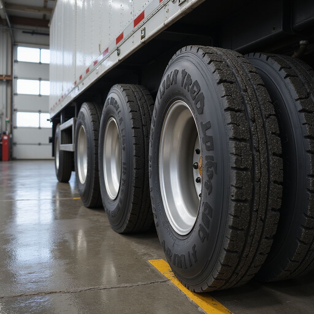 Tractor-trailer tires on a concrete floor inside a garage.