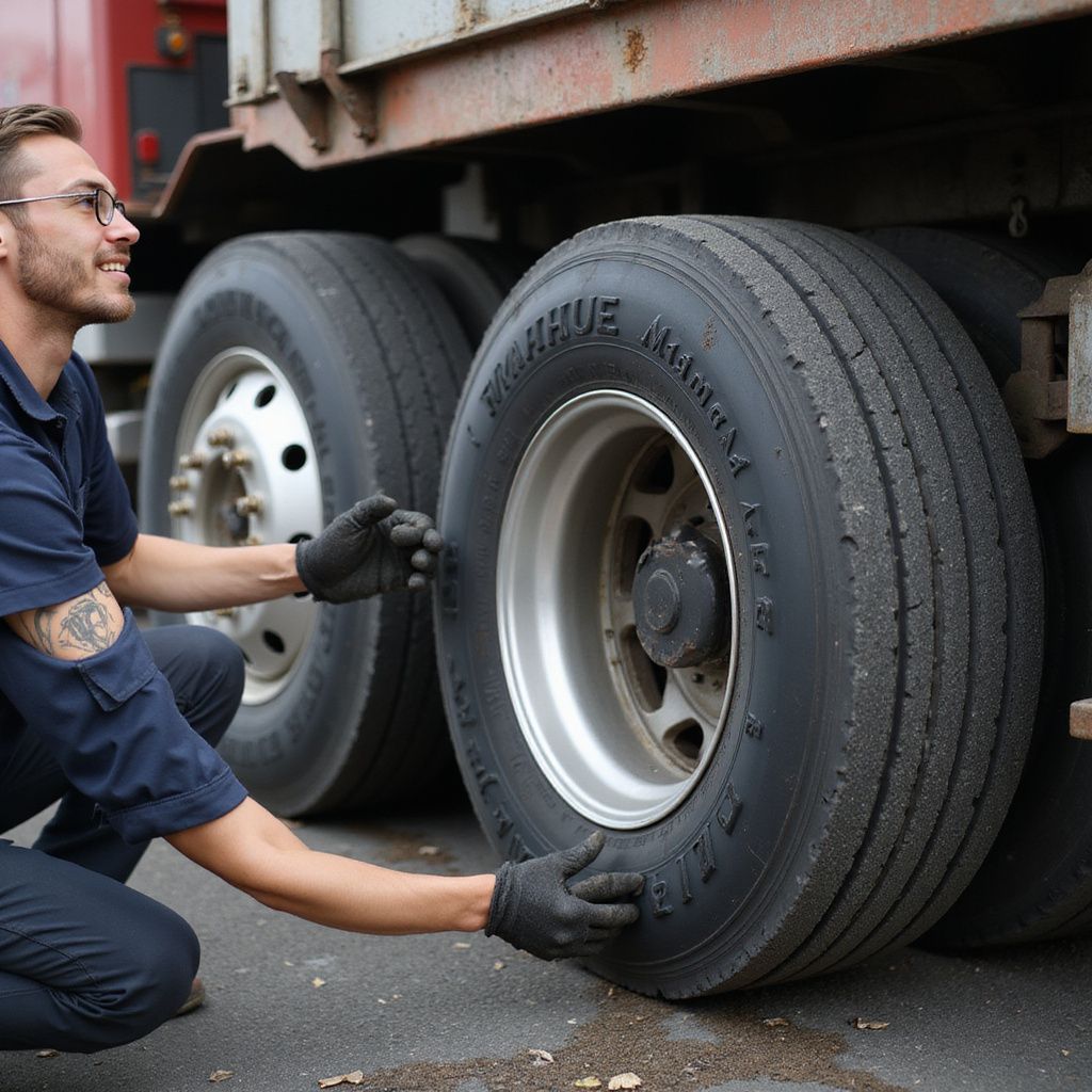 Mechanic checking truck tires, wearing glasses and gloves. Near a red truck, outdoors.