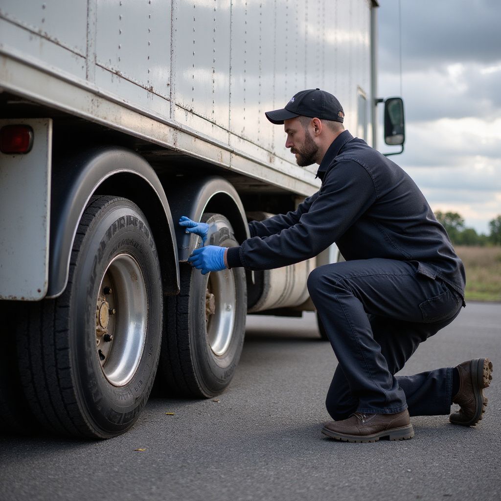 Man in dark work clothes checks truck tire. Outdoor setting, blue gloves.