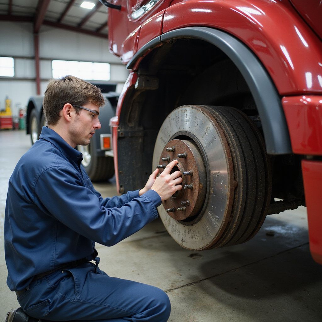 Mechanic working on the wheel of a red truck in a repair shop.