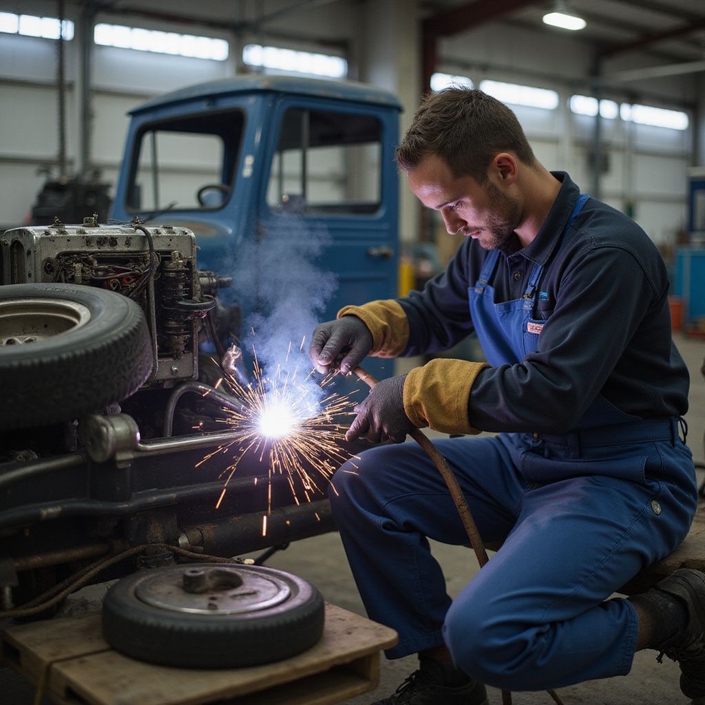 Mechanic welding metal in a workshop, sparks flying. Blue truck in the background.