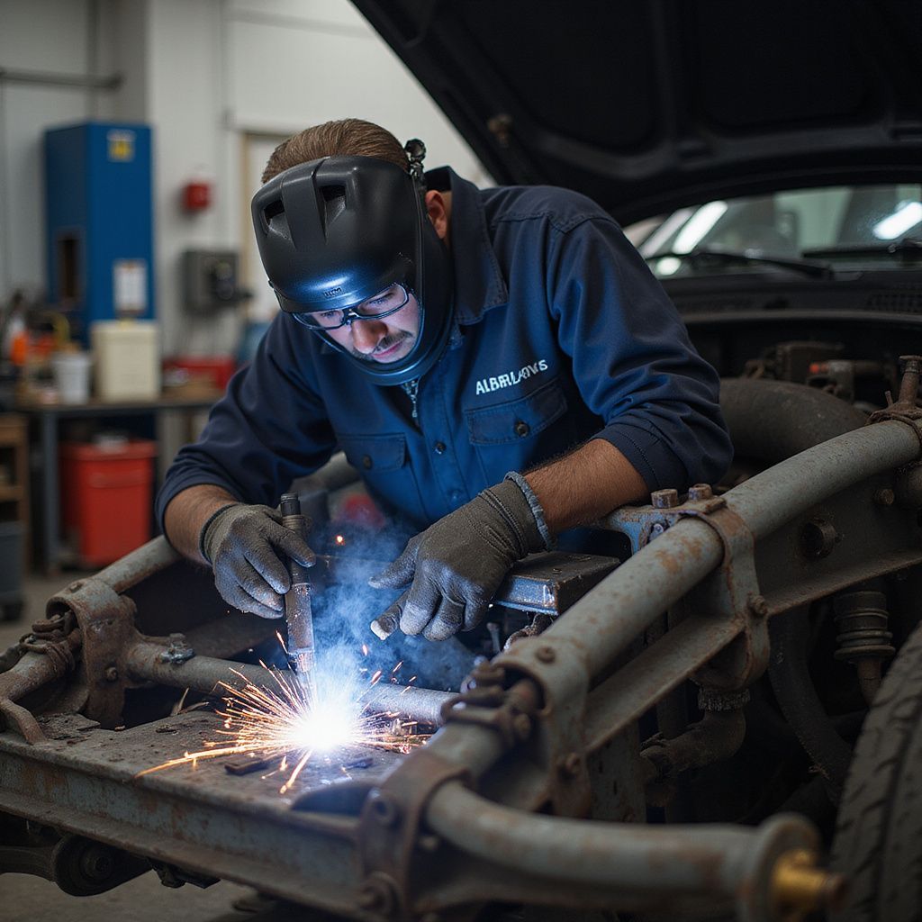 Person in a workshop welds metal with sparks flying, wearing a welding helmet and gloves.