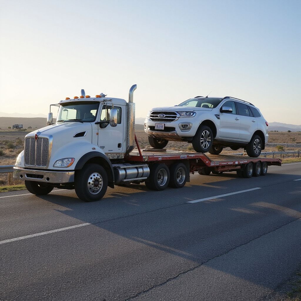 White semi-truck transporting a white SUV on a flatbed trailer, traveling on a road.