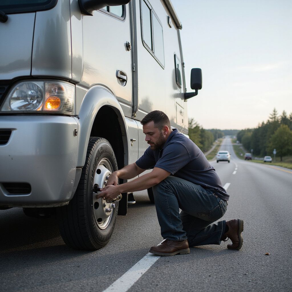 Man kneels, changing a tire on an RV parked on the side of a road.