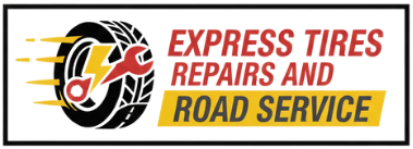 Logo for Express Tires: tire with lightning bolt and wrench; text
