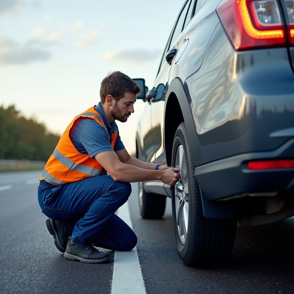 Man in orange vest changing a flat tire on a car on a road.