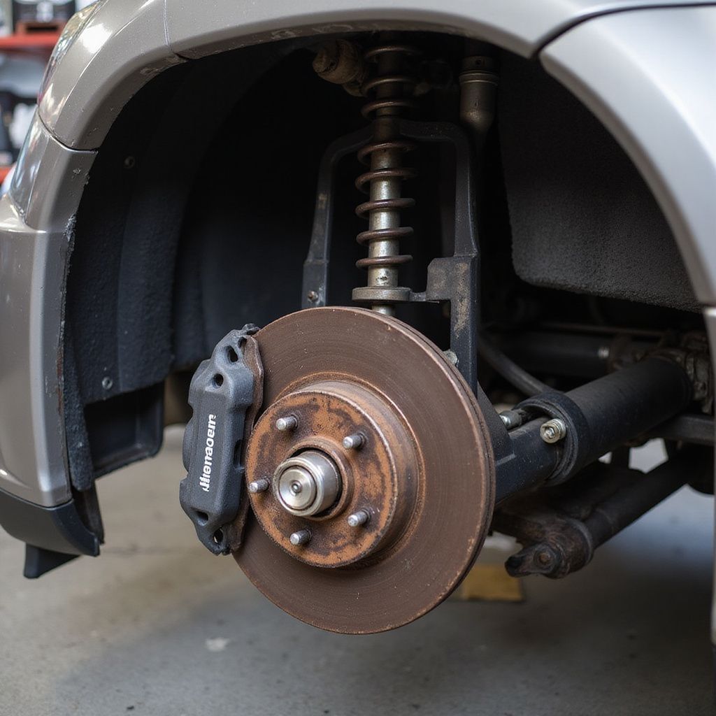 Close-up of a car's wheel, showing the brake disc, caliper, suspension, and fender.