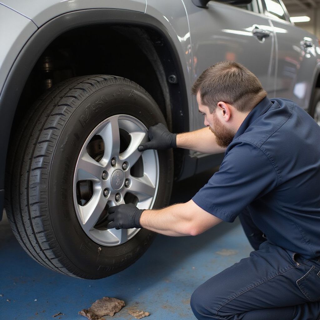 Mechanic in black gloves working on a car's tire. He is kneeling, looking at the wheel. The car is gray.