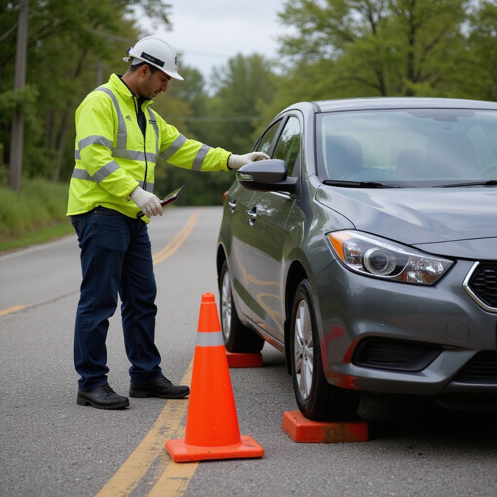 Person in reflective vest inspects car on road, orange cone and blocks under wheels.