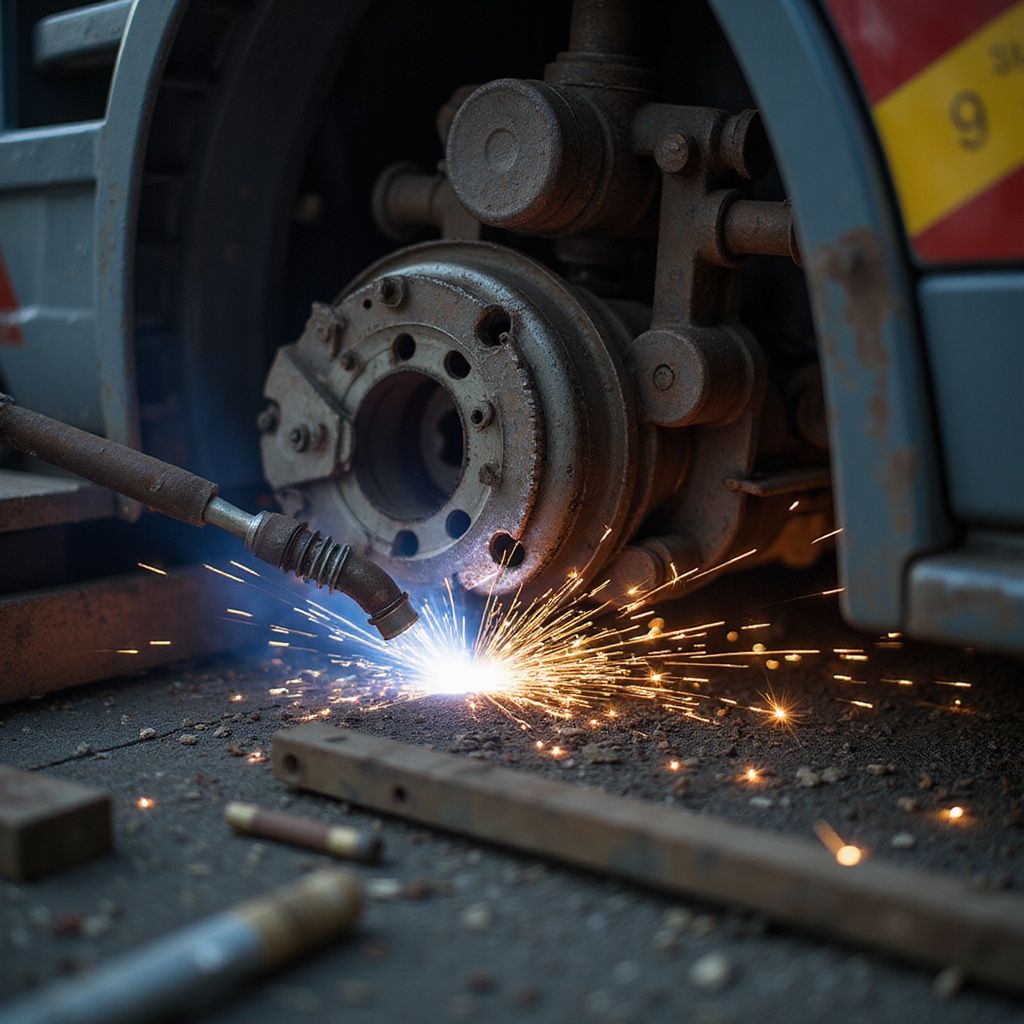 Welding sparks on a vehicle brake system, outdoors, with rusty components.