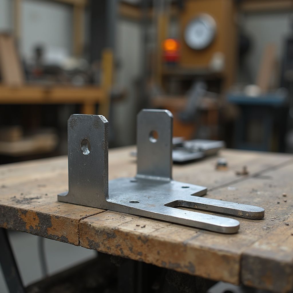 Metal bracket with two uprights and slotted base, sits on a workbench in a workshop.