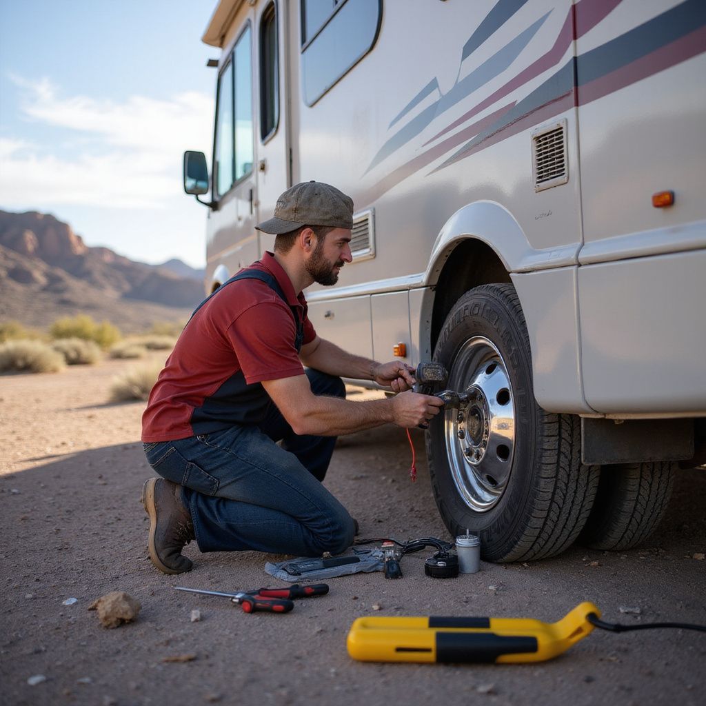 Person kneels by RV, using a tool on a tire in a desert setting.