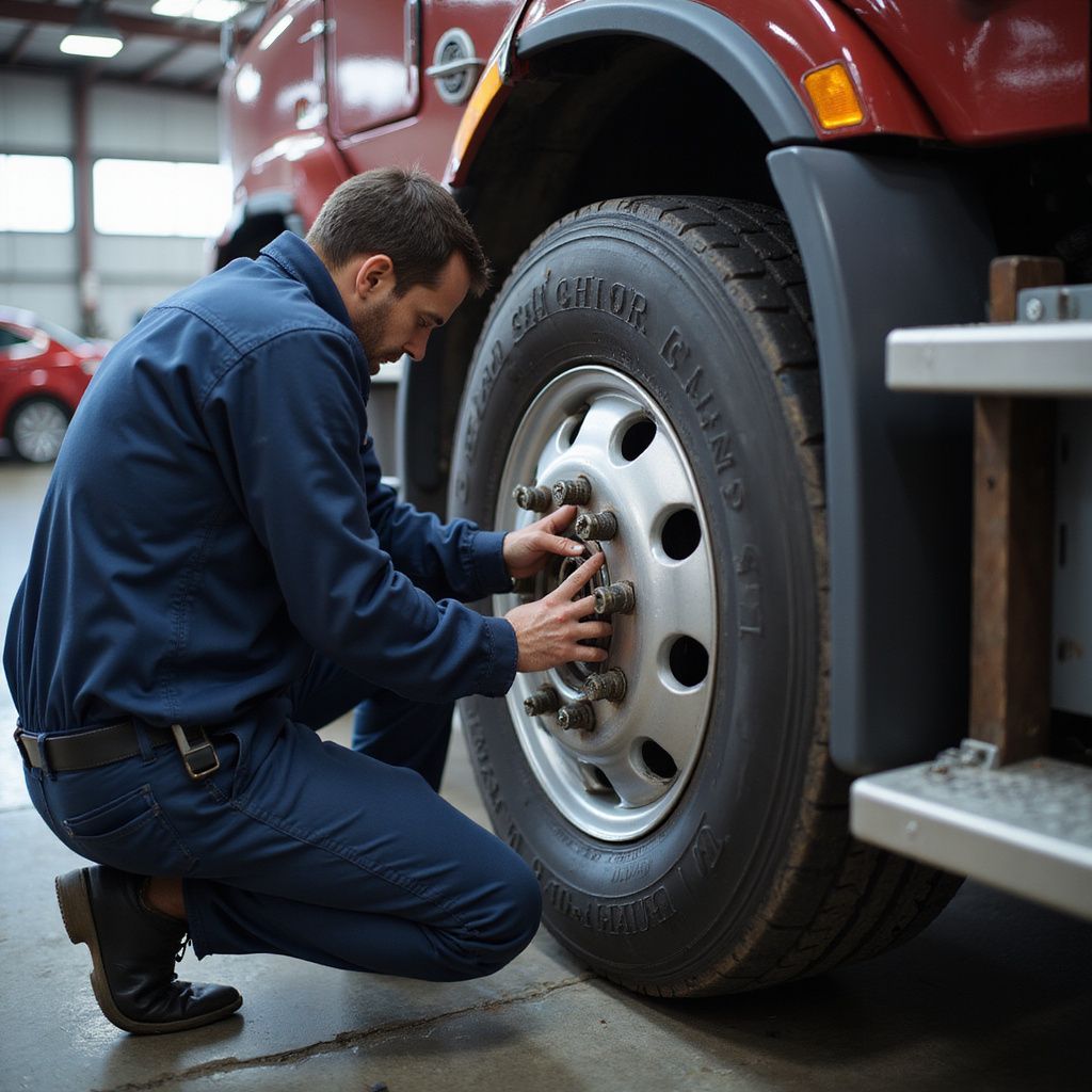 Mechanic in blue jumpsuit checks tire on a red truck inside a garage.