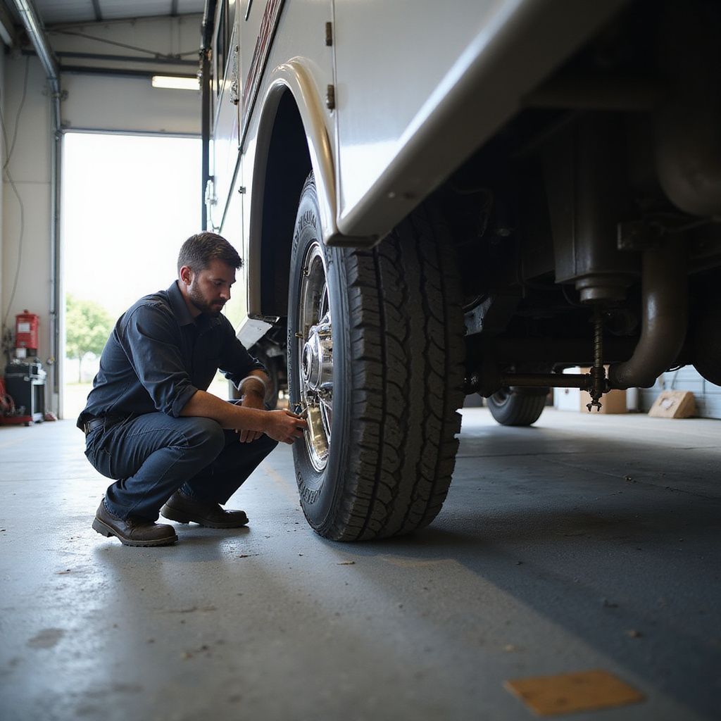 Mechanic checks a tire on an RV inside a garage. He is squatting down, and the tires are black.