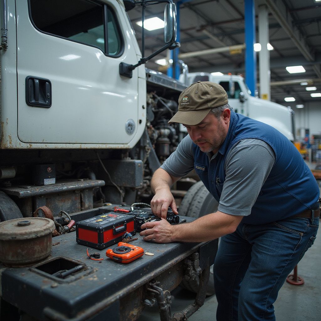 Mechanic working on truck engine in a garage; using tools.