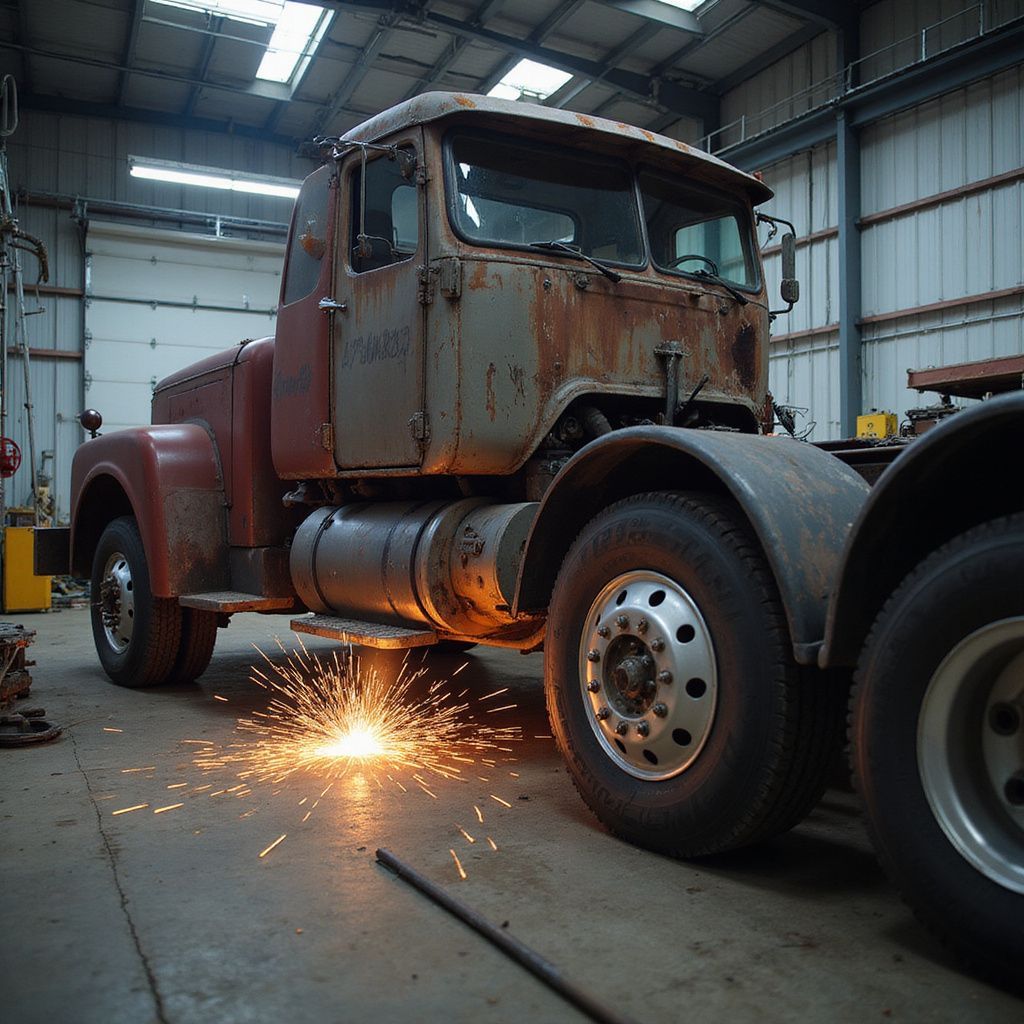 Truck being welded in a garage, sparks flying, rusty body.