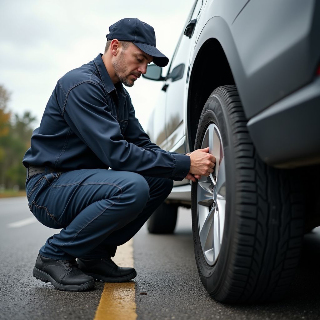Man in blue uniform checking car tire on roadside.