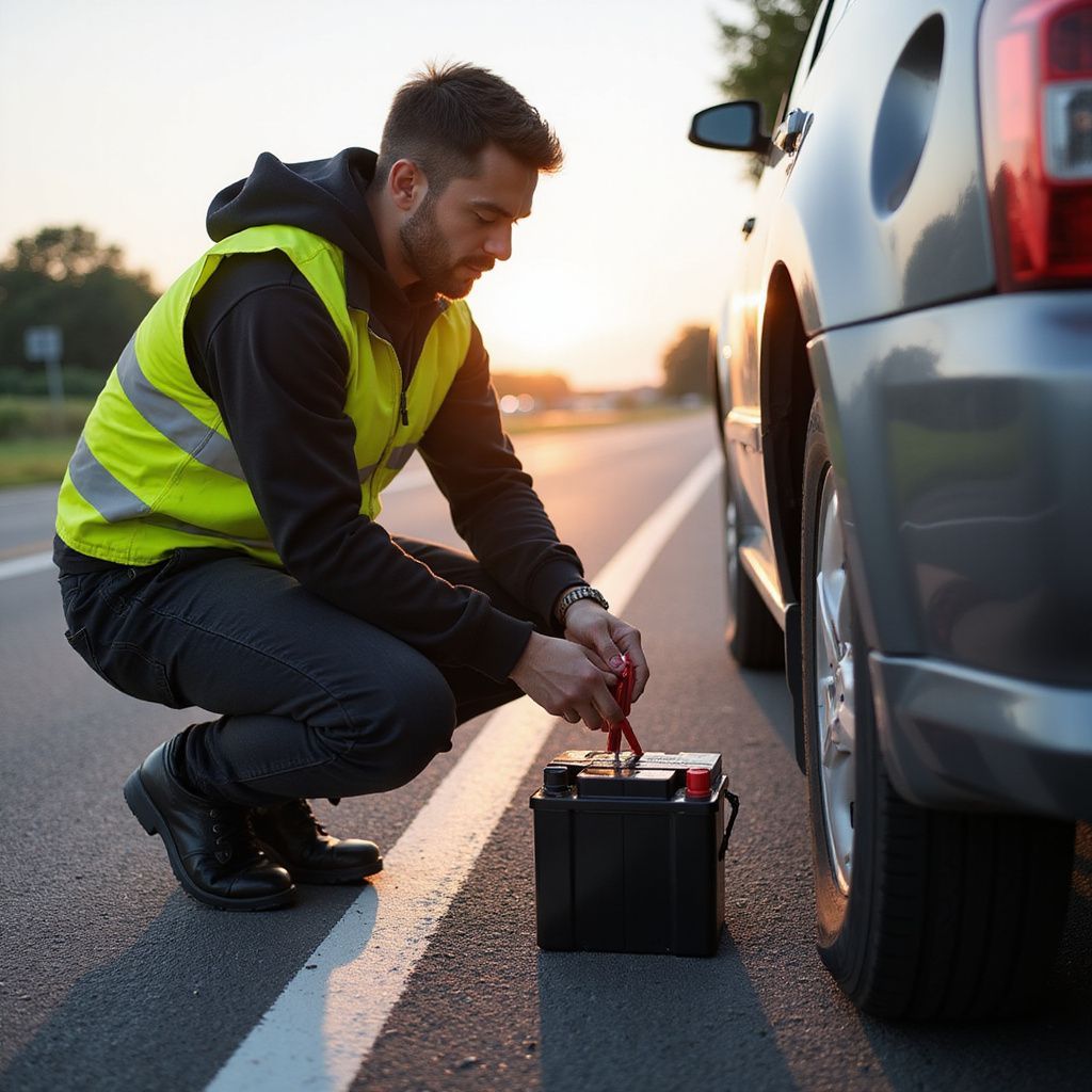 Man in safety vest connecting jumper cables to a car battery on roadside at sunset.