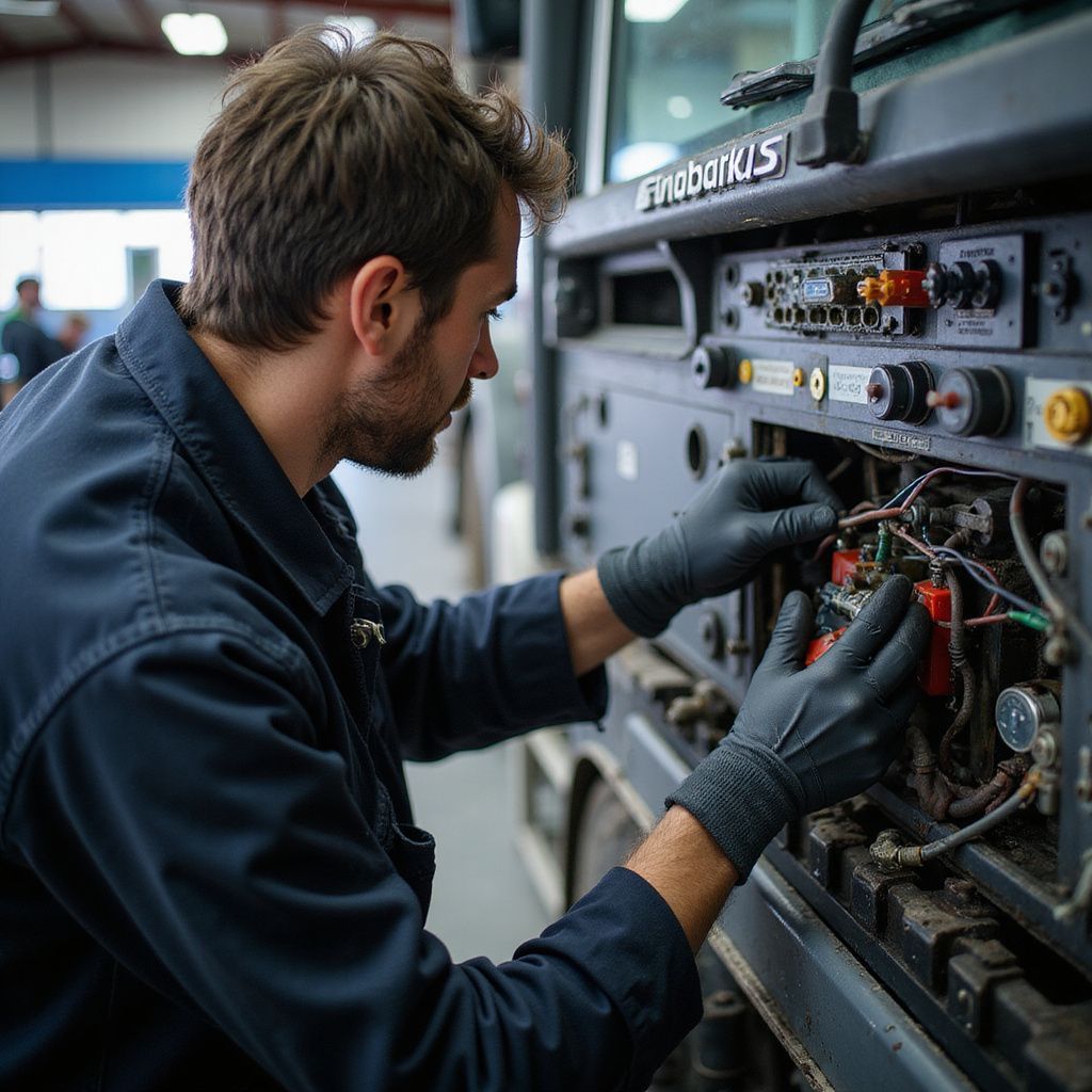 Mechanic in navy workwear and black gloves repairs vehicle electrical system.