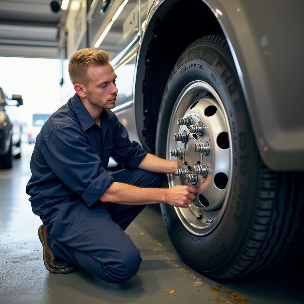 Mechanic kneeling, tightening lug nuts on a tire, wearing blue coveralls, in a garage setting.